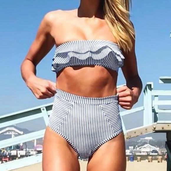 HIGH WAISTED STRIPED RUFFLE BANDEAU BIKINI Set - Picture 3 of 6